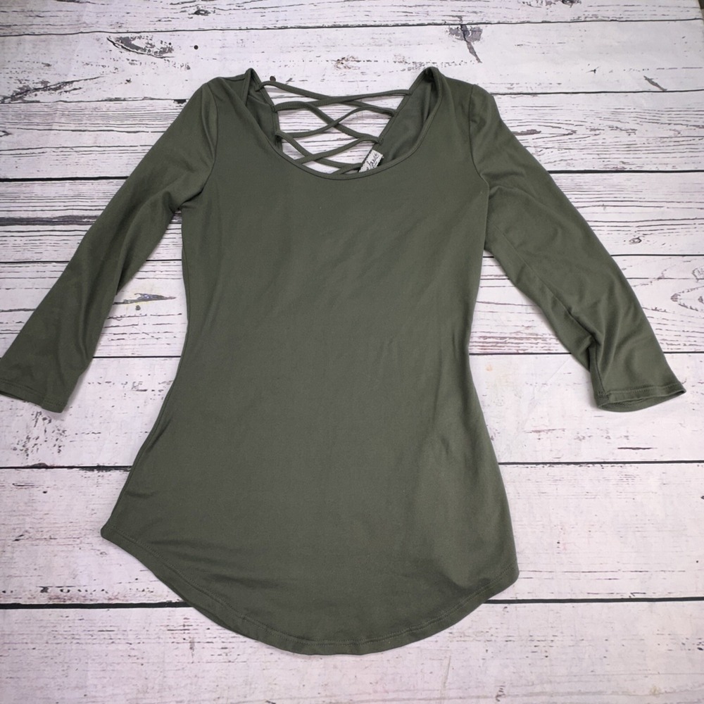 Crave Fame Almost Famous Olive Green‎ Lattice Back 3/4 Sleeve Tunic Top Medium